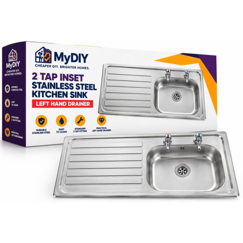 2 Tap Inset Stainless Steel Left Hand Drainer Kitchen Sink